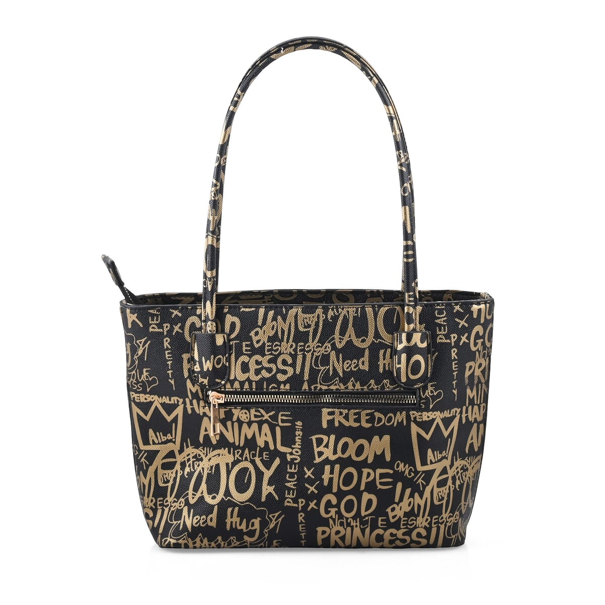 Chunma 3pc Black & Golden Graffiti Art Vegan Leather Tote, Shoulder Bag and Wallet image number 2