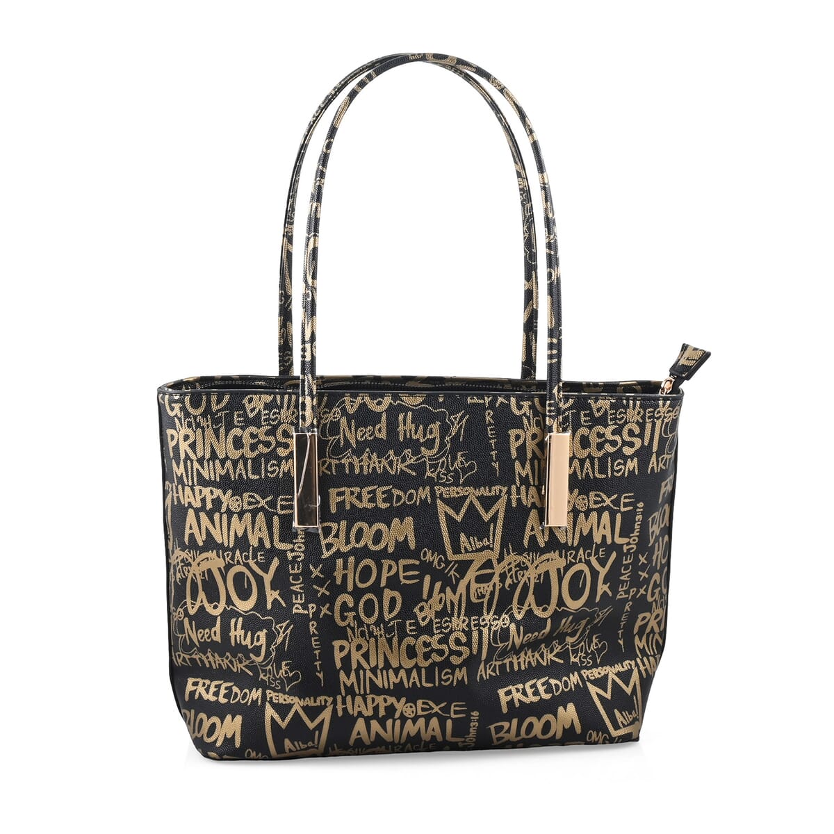 Chunma 3pc Black & Golden Graffiti Art Vegan Leather Tote, Shoulder Bag and Wallet image number 3
