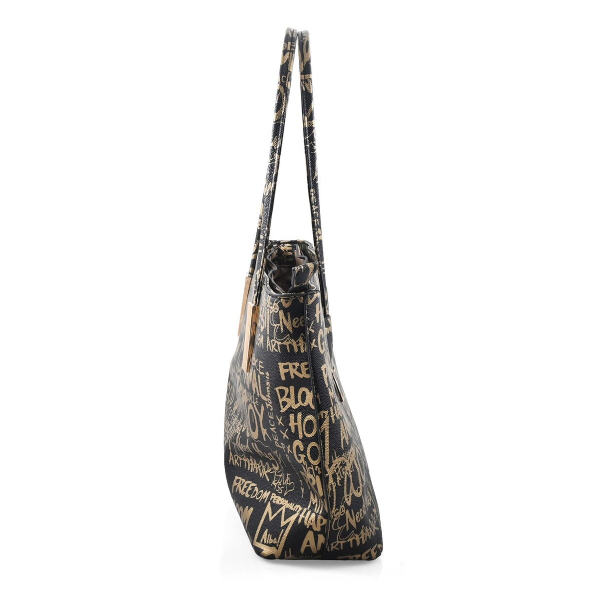 Chunma 3pc Black & Golden Graffiti Art Vegan Leather Tote, Shoulder Bag and Wallet image number 4