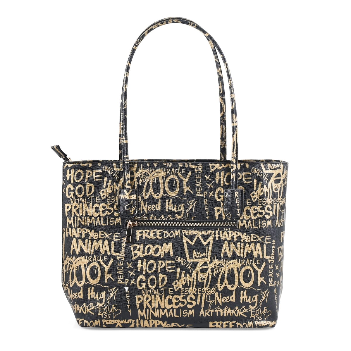 Chunma 3pc Black & Golden Graffiti Art Vegan Leather Tote, Shoulder Bag and Wallet image number 5