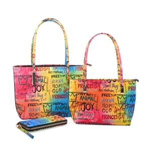 Chunma 3pc Multi Color Graffiti Art Vegan Leather Tote, Shoulder Bag and Wallet