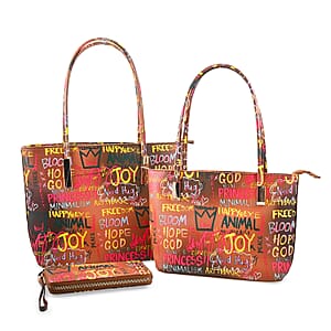 Chunma 3pc Tan with Multi Color Graffiti Art Vegan Leather Tote, Shoulder Bag and Wallet