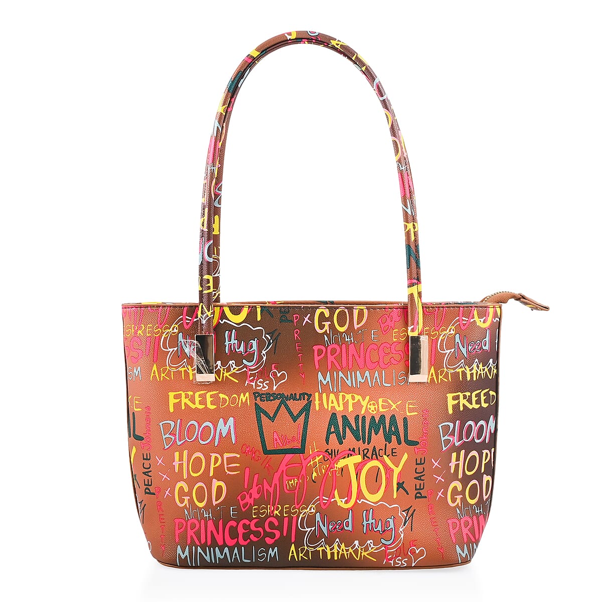 Chunma 3pc Tan with Multi Color Graffiti Art Vegan Leather Tote, Shoulder Bag and Wallet image number 1