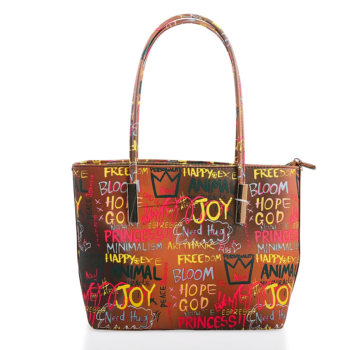 Chunma 3pc Tan with Multi Color Graffiti Art Vegan Leather Tote, Shoulder Bag and Wallet image number 3