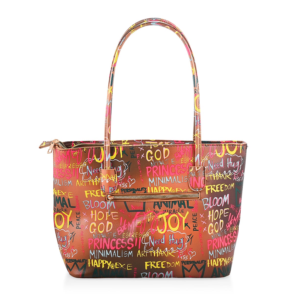 Chunma 3pc Tan with Multi Color Graffiti Art Vegan Leather Tote, Shoulder Bag and Wallet image number 4