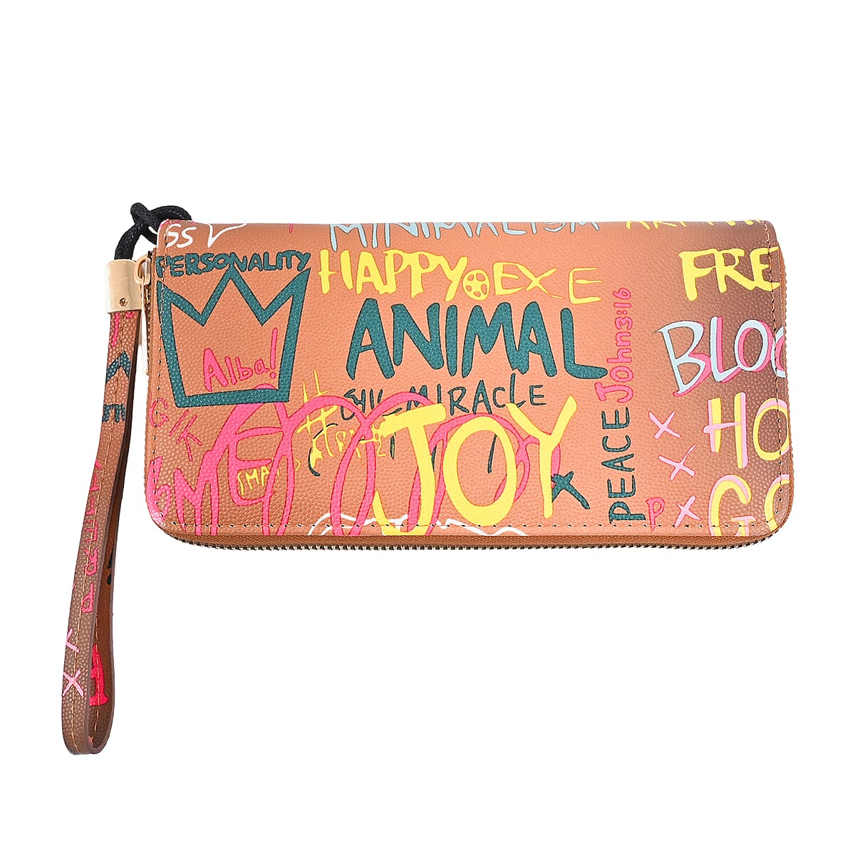 Chunma 3pc Tan with Multi Color Graffiti Art Vegan Leather Tote, Shoulder Bag and Wallet image number 5