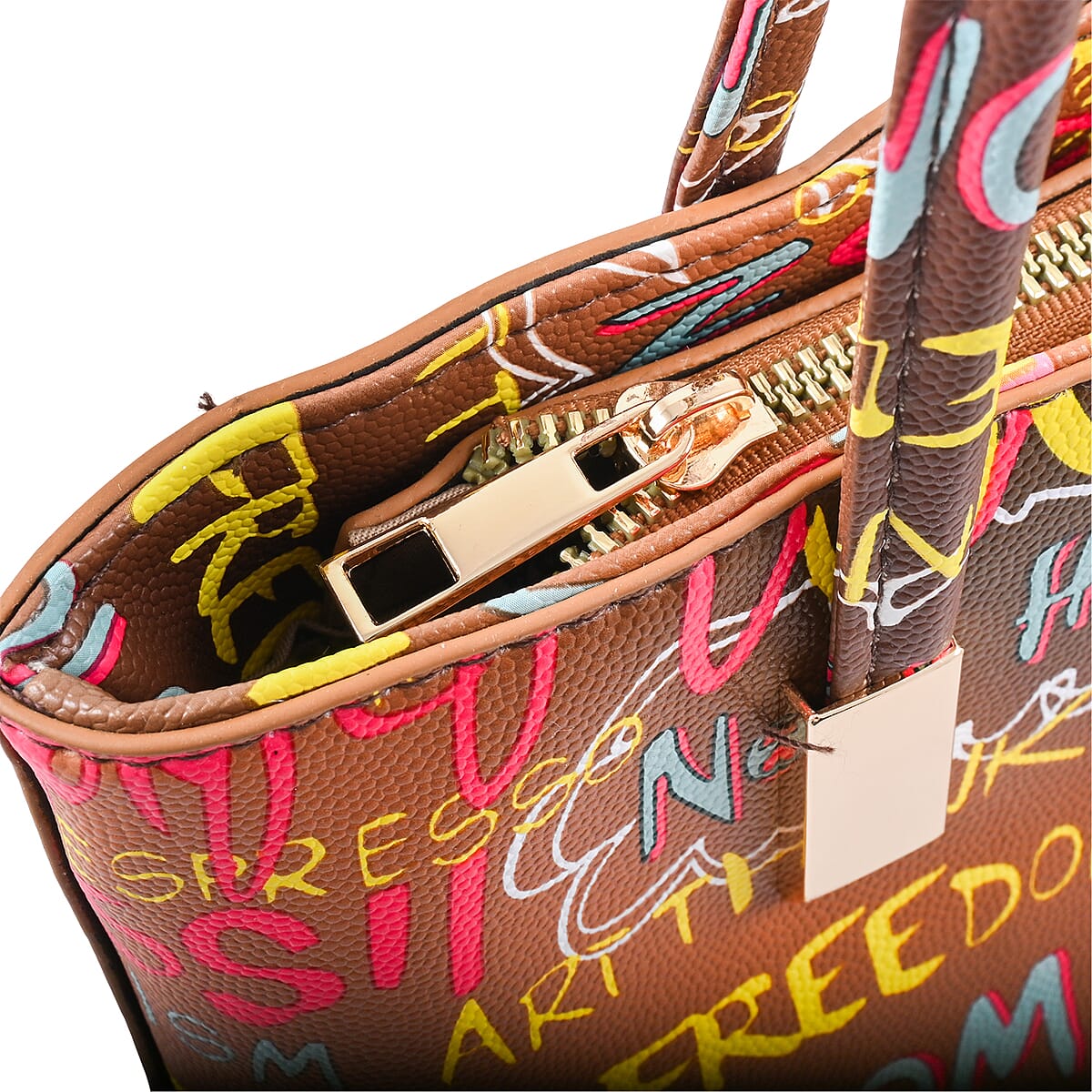 Chunma 3pc Tan with Multi Color Graffiti Art Vegan Leather Tote, Shoulder Bag and Wallet image number 7