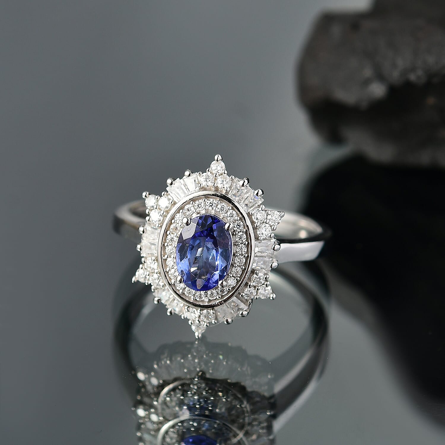 D'Joy Tanzanite and Moissanite 1.40 ctw Celestial Halo Ring in Rhodium Over Sterling Silver (Size 10.0)