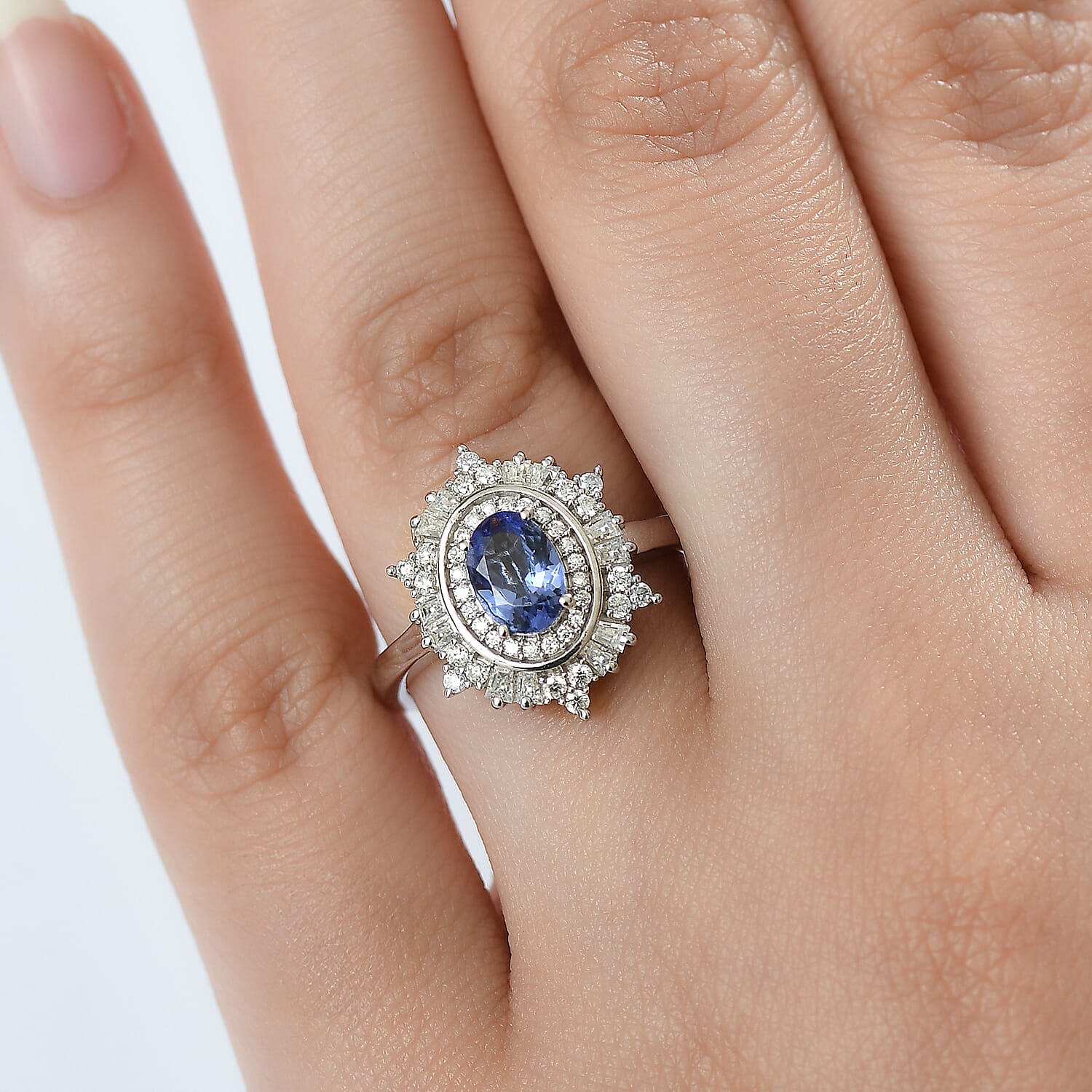 D'Joy Tanzanite and Moissanite 1.40 ctw Celestial Halo Ring in Rhodium Over Sterling Silver (Size 10.0)