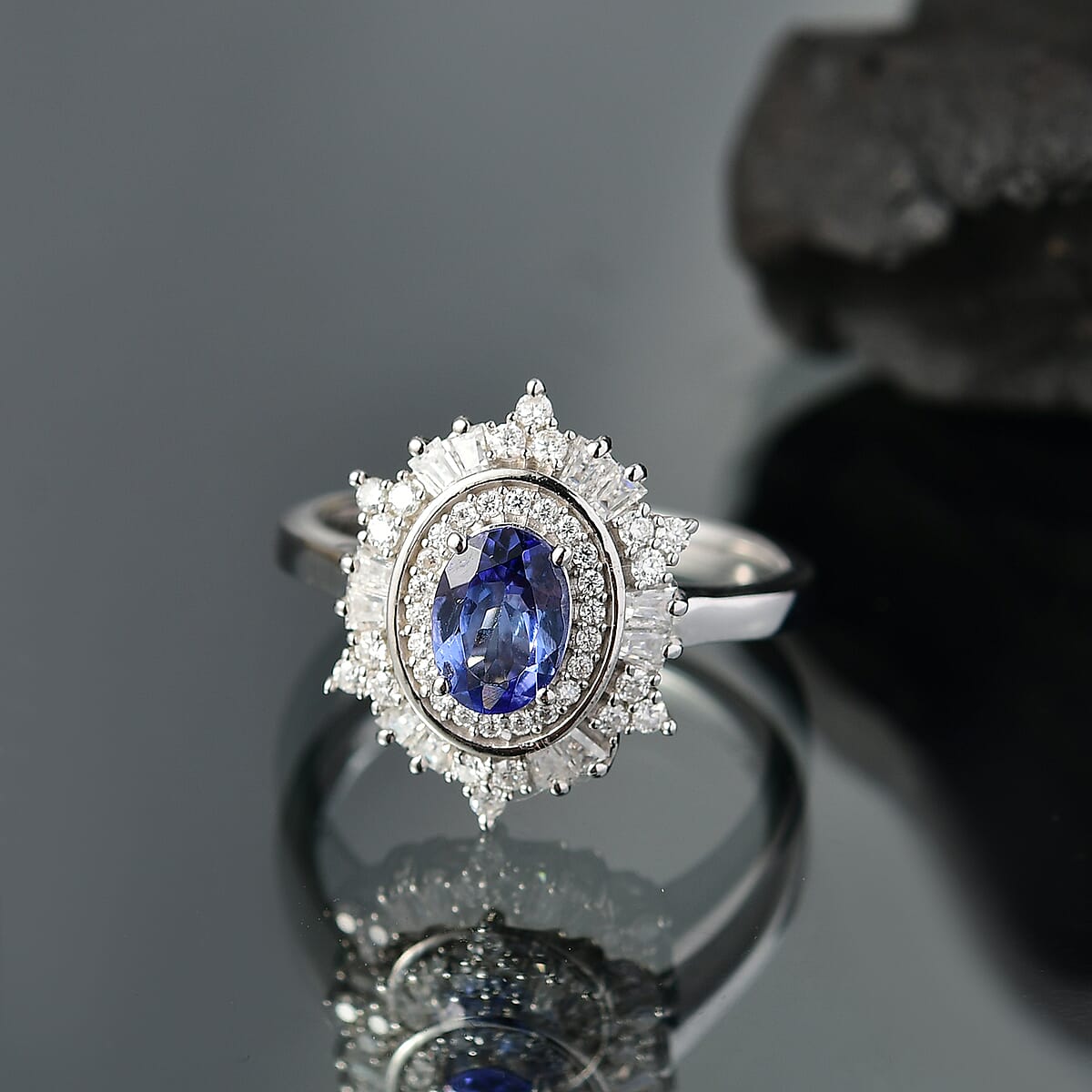 D'Joy Tanzanite and Moissanite 1.40 ctw Celestial Halo Ring in Rhodium Over Sterling Silver (Size 5.0) image number 1