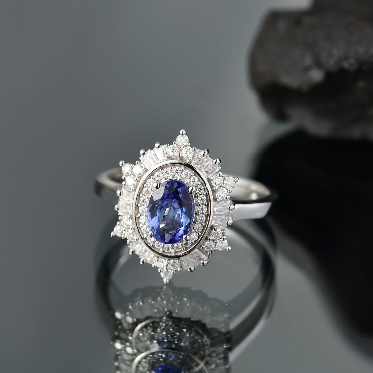 D’Joy Tanzanite and Moissanite 1.40 ctw Celestial Halo Ring in Rhodium Over Sterling Silver (Size 7.0) image number 1