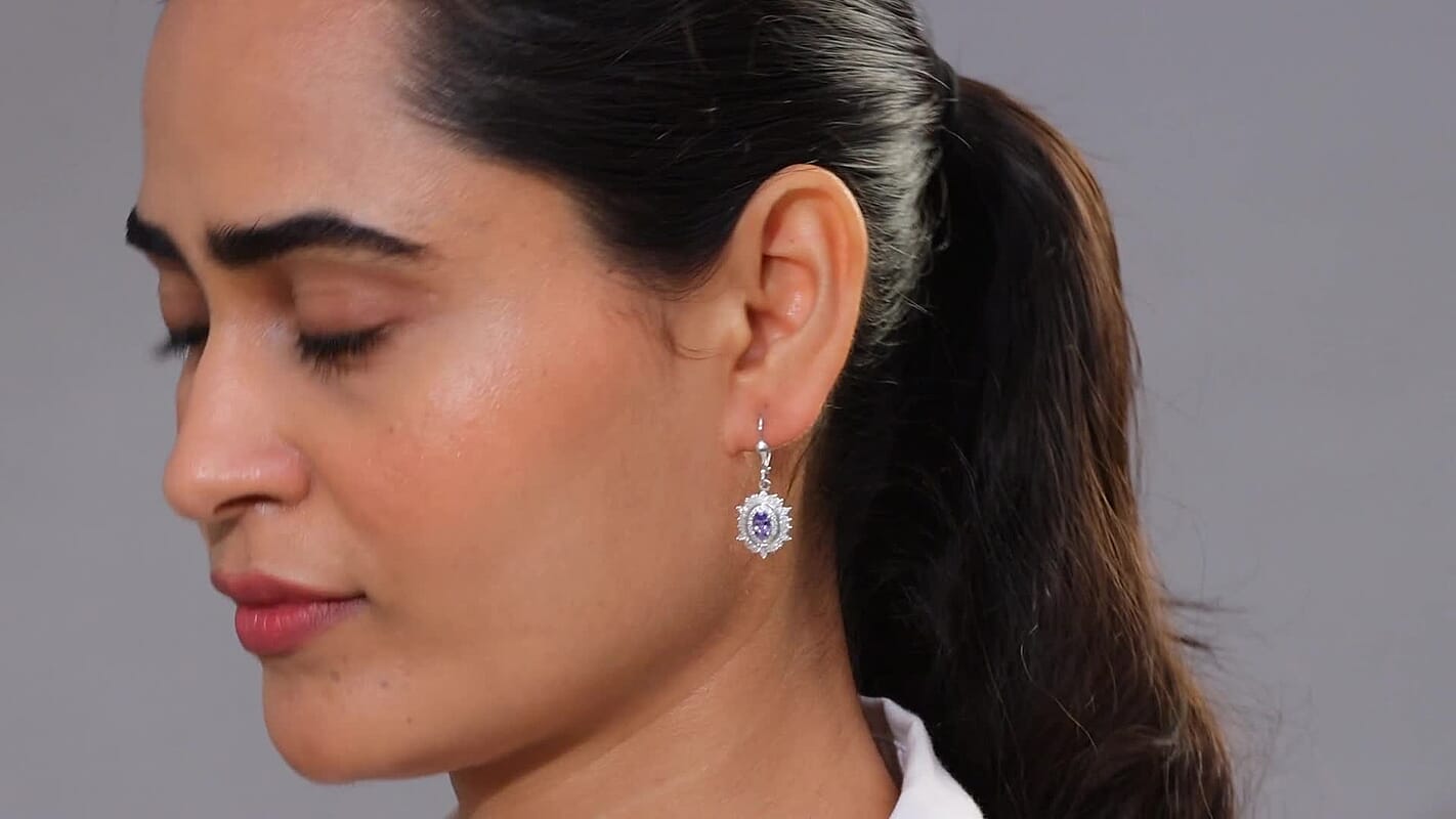 D'Joy Tanzanite and Moissanite 1.80 ctw Celestial Halo Earrings in Rhodium Over Sterling Silver