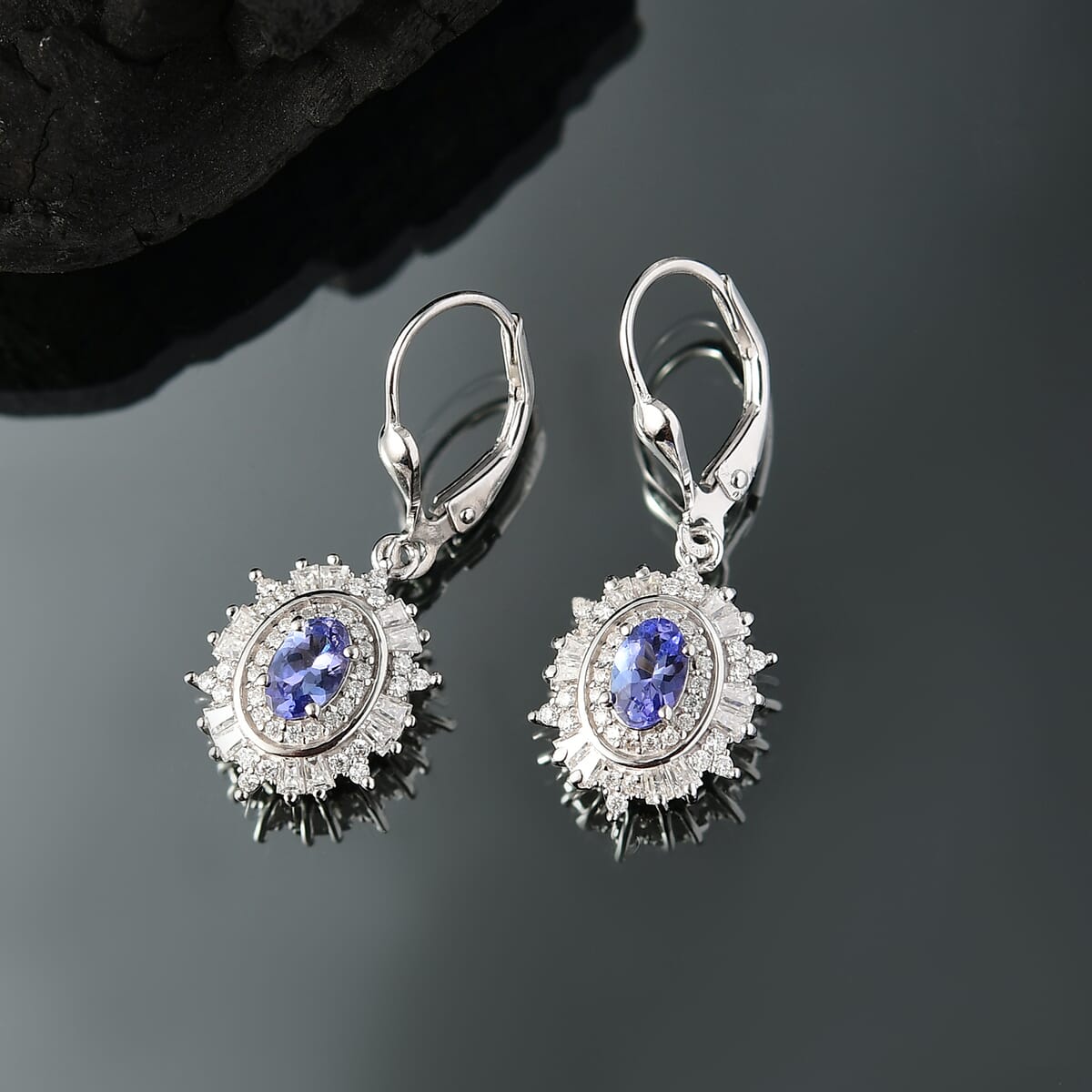 D’Joy Tanzanite and Moissanite 1.80 ctw Celestial Halo Earrings in Rhodium Over Sterling Silver image number 1