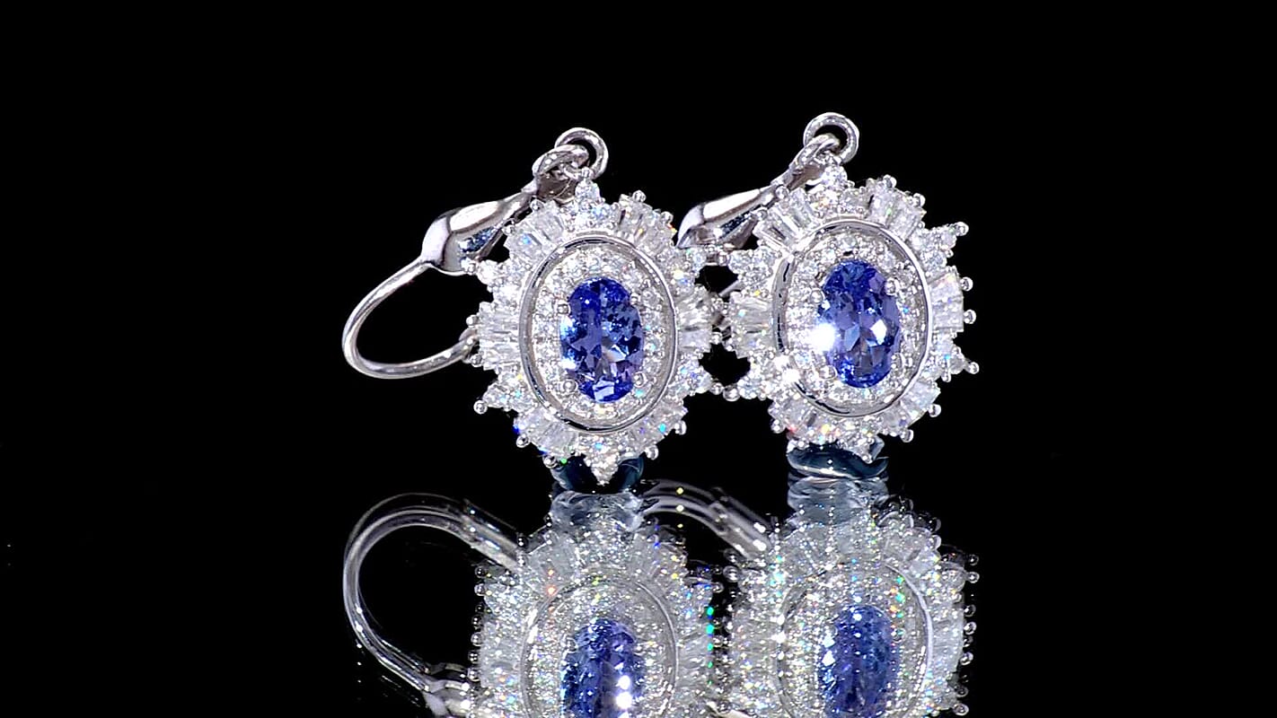 D'Joy Tanzanite and Moissanite 1.80 ctw Celestial Halo Earrings in Rhodium Over Sterling Silver