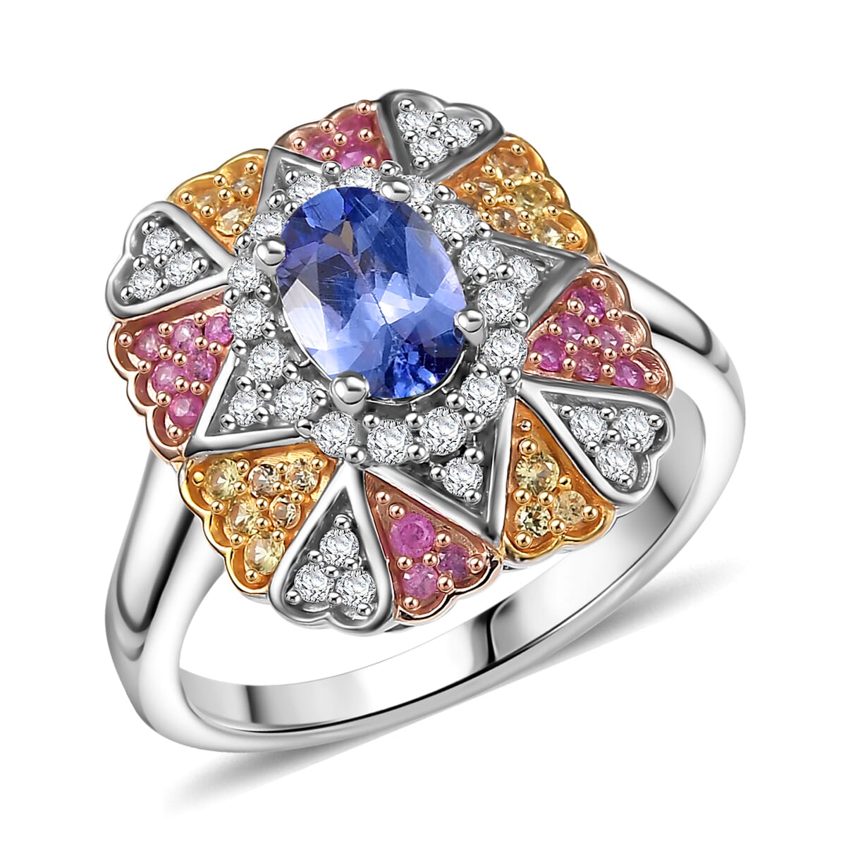 D'Joy Tanzanite and Multi Gemstone 1.40 ctw Bloom Ring in 18K Vermeil YRG and Rhodium Over Sterling Silver (Size 10.0) image number 0