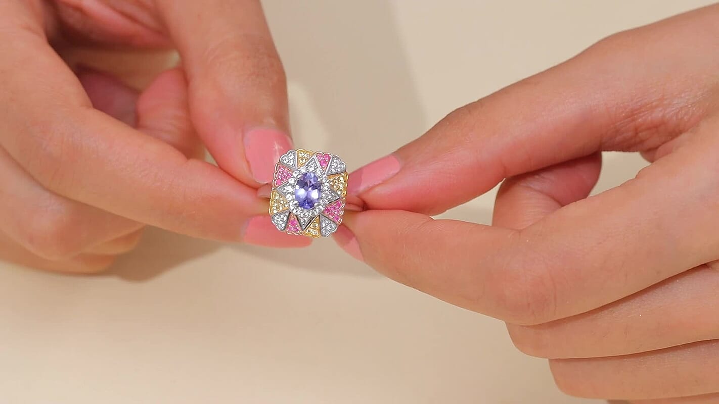 D'Joy Tanzanite, Multi Gemstone Ring in 18K Vermeil YRG and Rhodium Over Sterling Silver (Size 10.0) 1.40 ctw