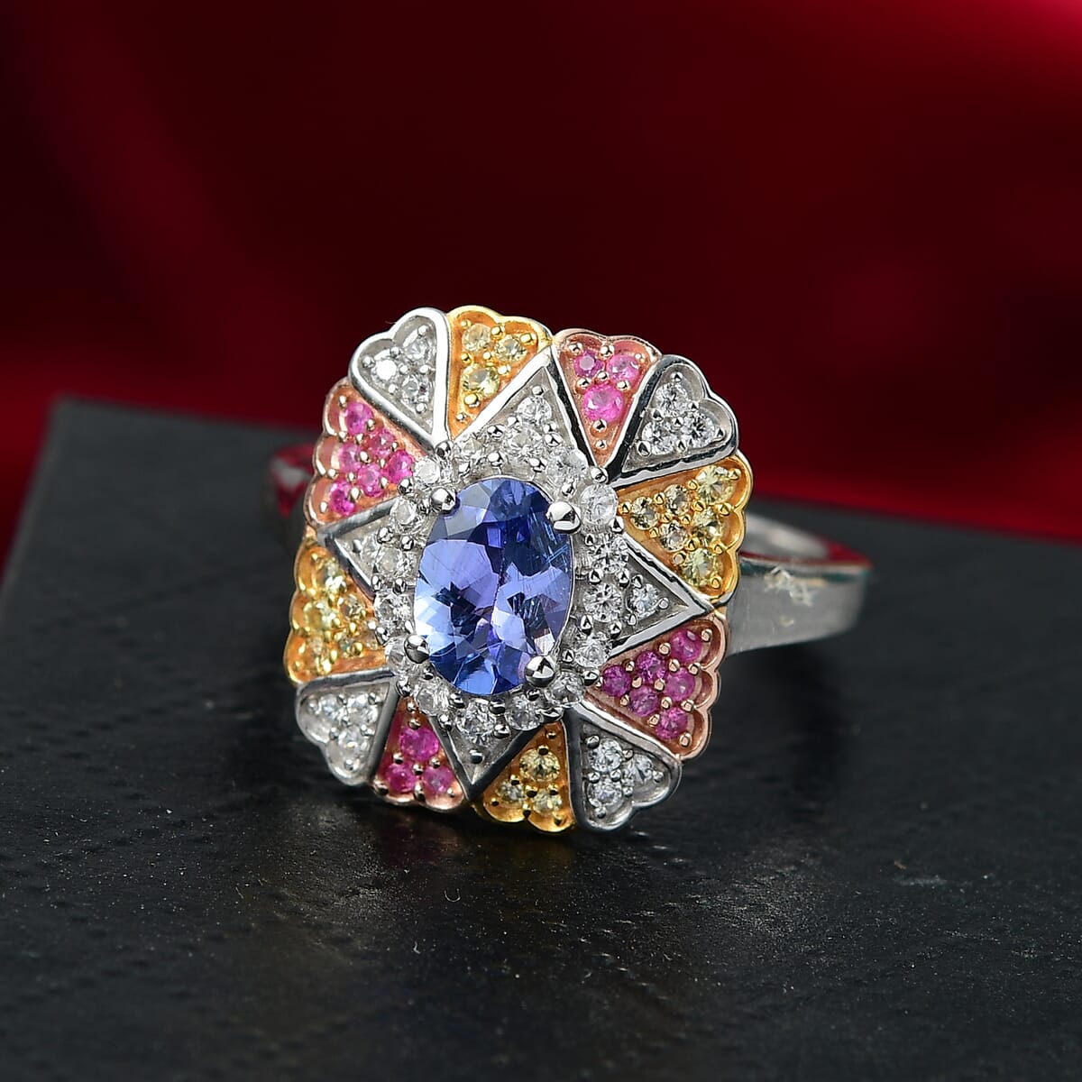 D'Joy Tanzanite and Multi Gemstone 1.40 ctw Bloom Ring in 18K Vermeil YRG and Rhodium Over Sterling Silver (Size 10.0) image number 1