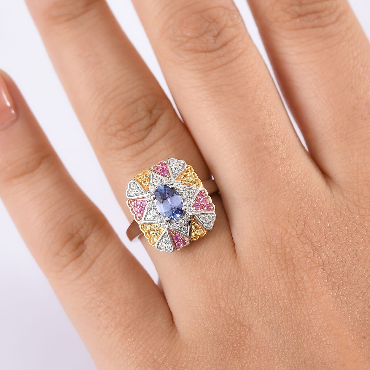 D'Joy Tanzanite and Multi Gemstone 1.40 ctw Bloom Ring in 18K Vermeil YRG and Rhodium Over Sterling Silver (Size 10.0) image number 2