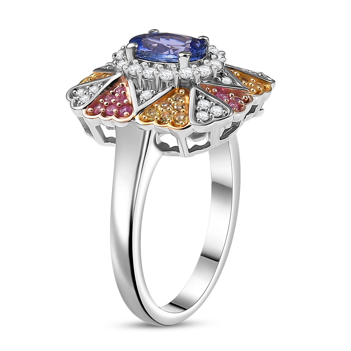 D'Joy Tanzanite and Multi Gemstone 1.40 ctw Bloom Ring in 18K Vermeil YRG and Rhodium Over Sterling Silver (Size 10.0) image number 3
