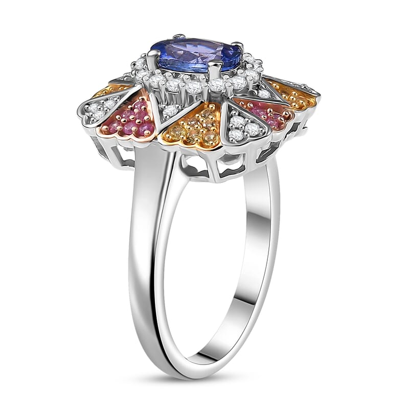 D'Joy Tanzanite, Multi Gemstone Bloom Ring in 18K Vermeil YRG and Rhodium Over Sterling Silver 1.40 ctw (Size 10.0)