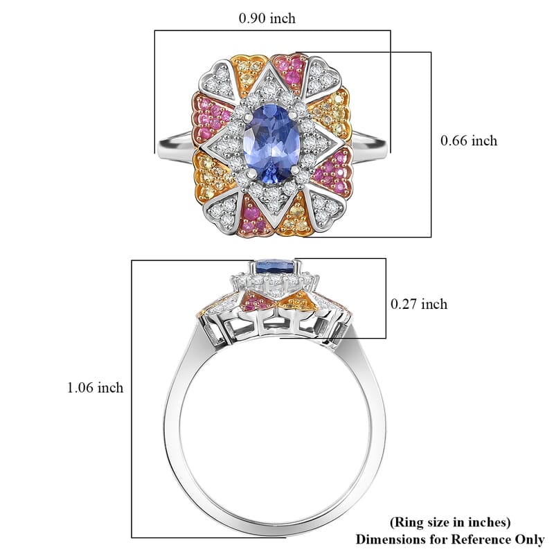 D'Joy Tanzanite, Multi Gemstone Bloom Ring in 18K Vermeil YRG and Rhodium Over Sterling Silver 1.40 ctw (Size 10.0)