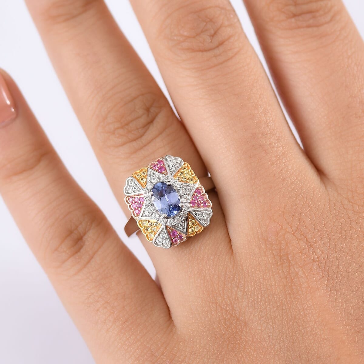 D'Joy Tanzanite and Multi Gemstone 1.40 ctw Bloom Ring in 18K Vermeil YRG and Rhodium Over Sterling Silver (Size 5.0) image number 2