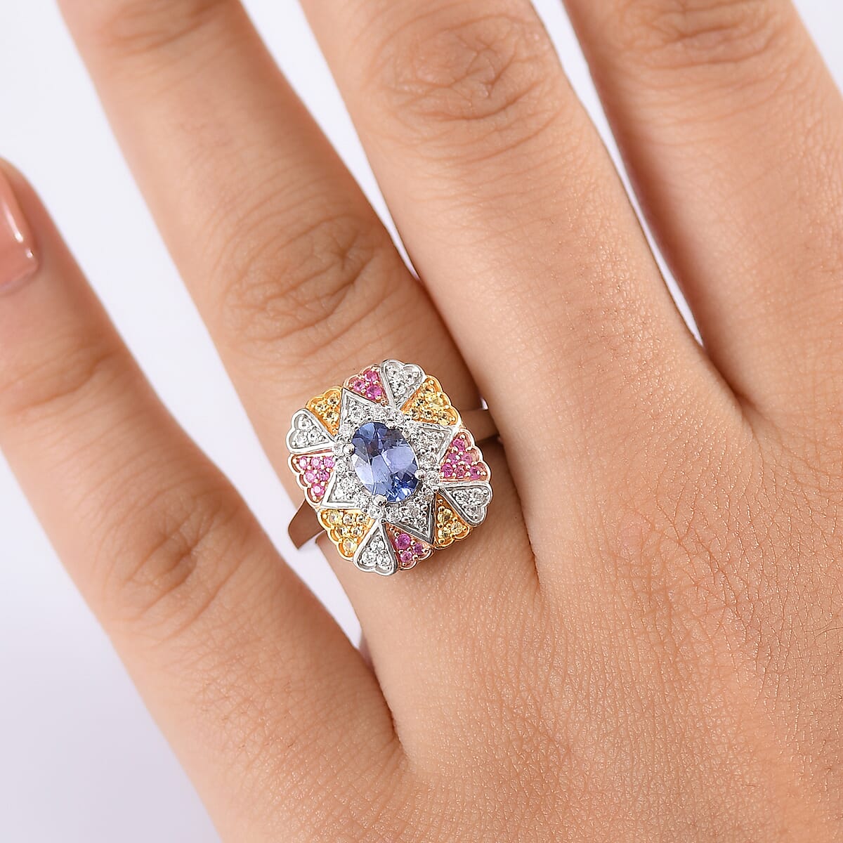 D'Joy Tanzanite and Multi Gemstone 1.40 ctw Bloom Ring in 18K Vermeil YRG and Rhodium Over Sterling Silver (Size 6.0) image number 2