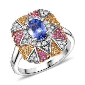 D'Joy Tanzanite and Multi Gemstone 1.40 ctw Bloom Ring in 18K Vermeil YRG and Rhodium Over Sterling Silver (Size 7.0)