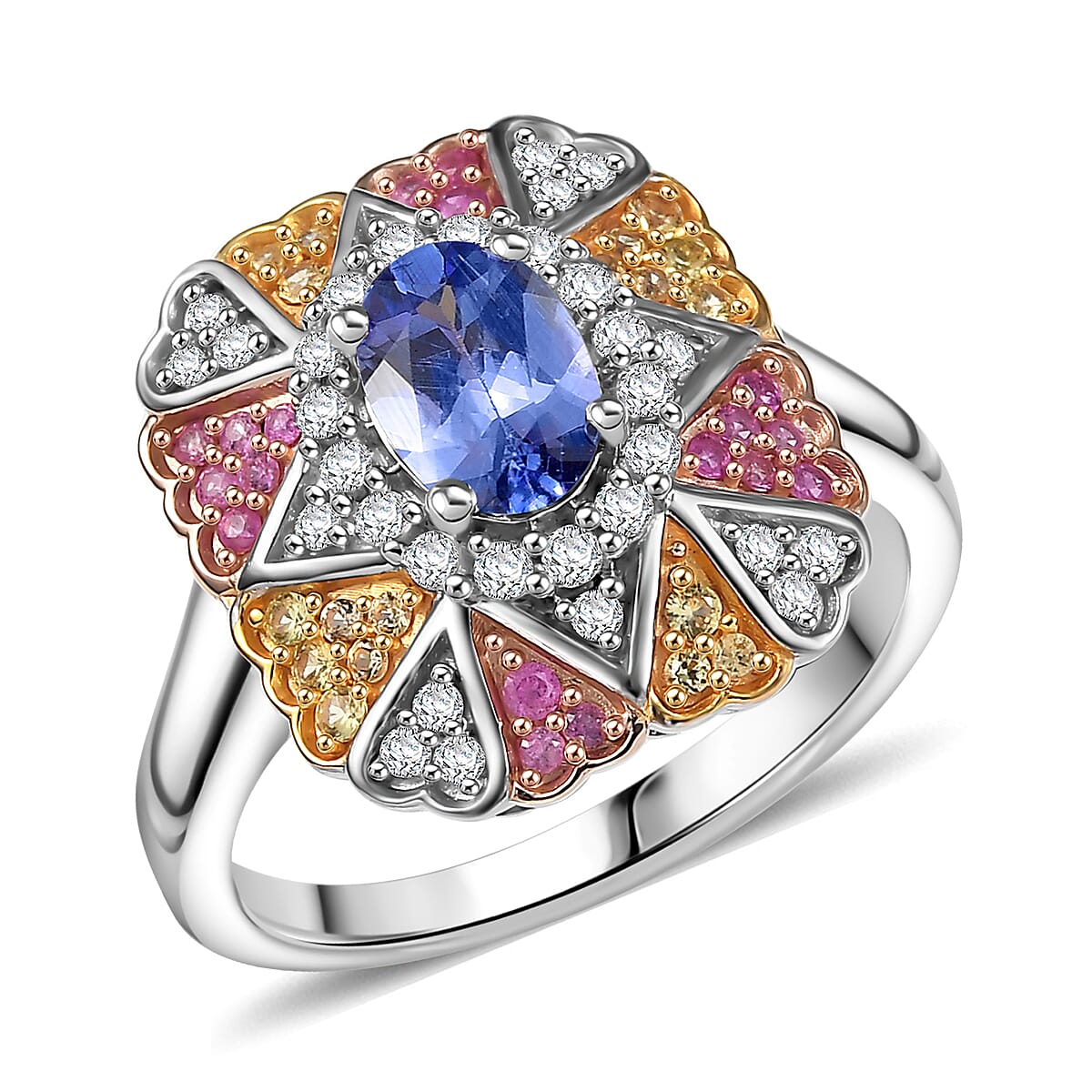 D'Joy Tanzanite and Multi Gemstone 1.40 ctw Bloom Ring in 18K Vermeil YRG and Rhodium Over Sterling Silver (Size 8.0) image number 0