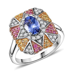 D'Joy Tanzanite and Multi Gemstone 1.40 ctw Bloom Ring in 18K Vermeil YRG and Rhodium Over Sterling Silver (Size 8.0)