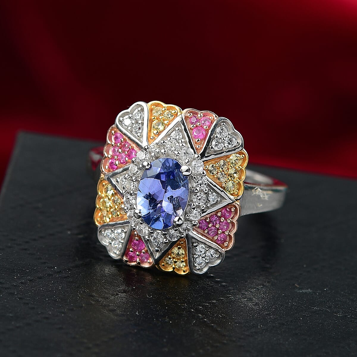 D'Joy Tanzanite and Multi Gemstone 1.40 ctw Bloom Ring in 18K Vermeil YRG and Rhodium Over Sterling Silver (Size 8.0) image number 1