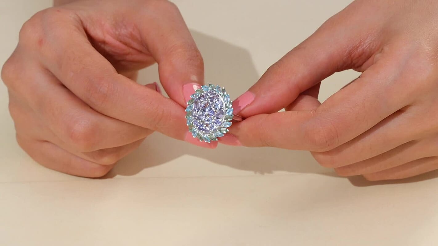 D’Joy Peacock Tanzanite, Multi Gemstone Ring in Rhodium Over Sterling Silver (Size 10.0) 4.80 ctw