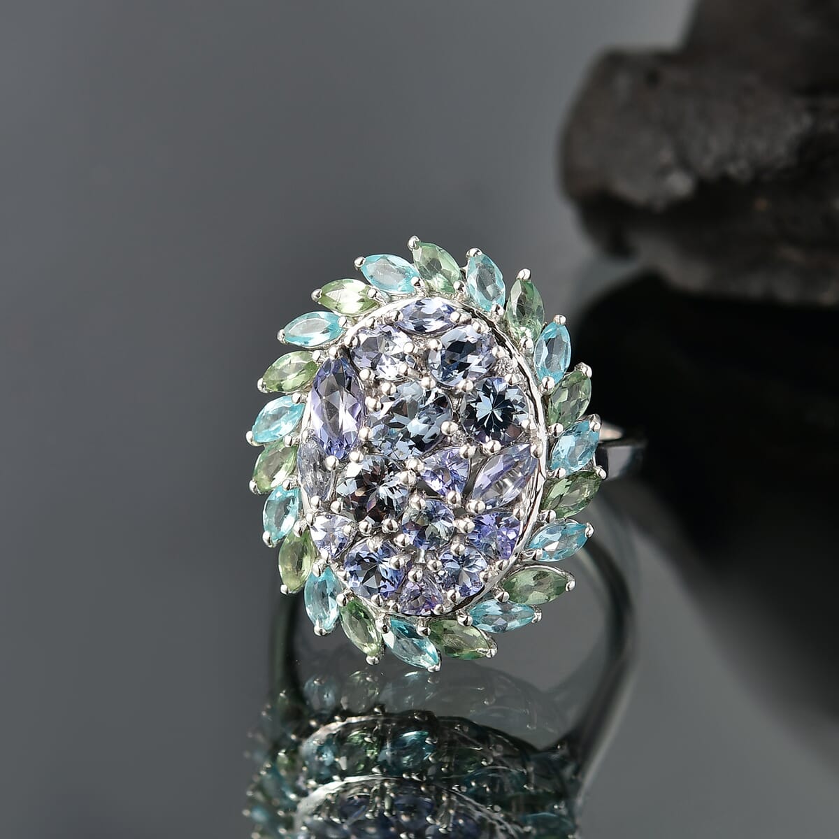 D’Joy Peacock Tanzanite and Multi Gemstone 4.80 ctw Galaxy Ring in Rhodium Over Sterling Silver (Size 10.0) image number 1