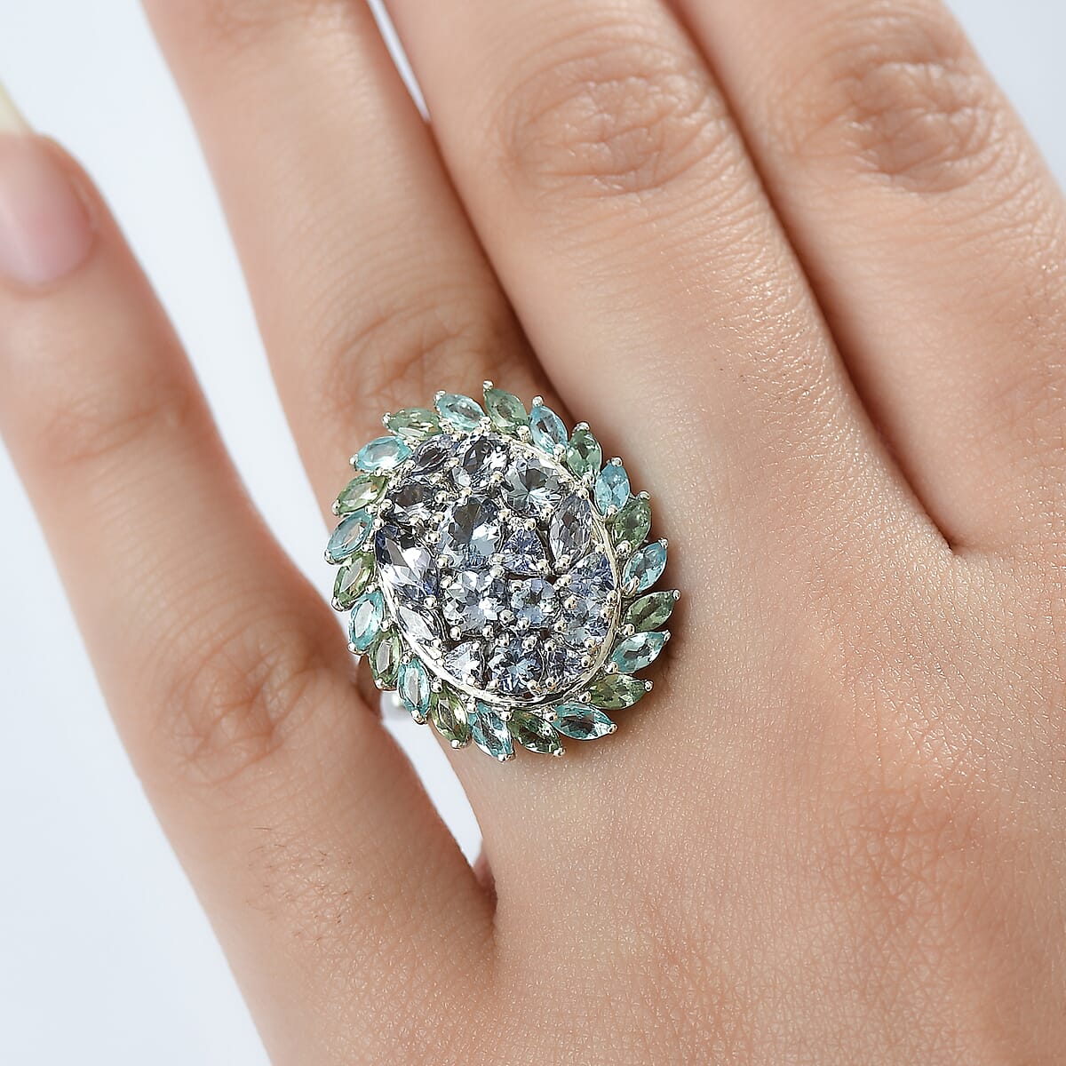 D'Joy Peacock Tanzanite and Multi Gemstone 4.80 ctw Galaxy Ring in Rhodium Over Sterling Silver (Size 6.0) image number 2