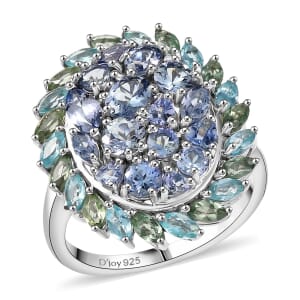 D’Joy Peacock Tanzanite and Multi Gemstone 4.80 ctw Galaxy Ring in Rhodium Over Sterling Silver (Size 7.0)