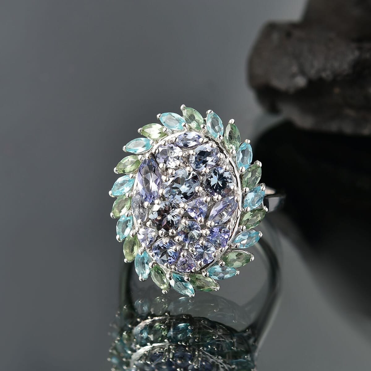 D’Joy Peacock Tanzanite and Multi Gemstone 4.80 ctw Galaxy Ring in Rhodium Over Sterling Silver (Size 7.0) image number 1