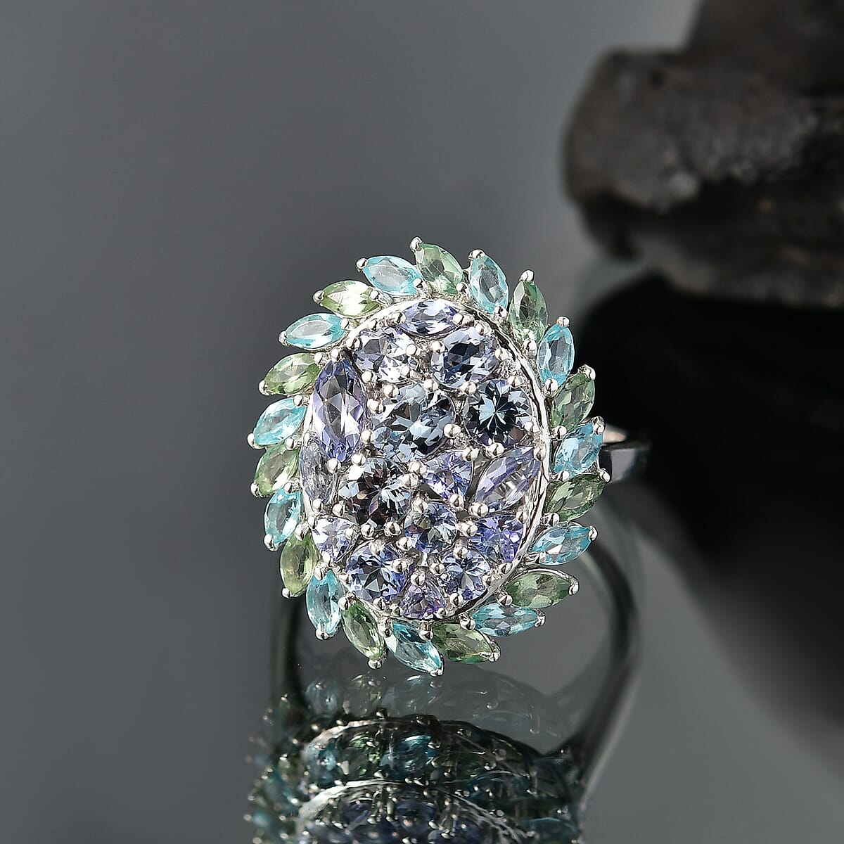 D'Joy Peacock Tanzanite and Multi Gemstone 4.80 ctw Galaxy Ring in Rhodium Over Sterling Silver (Size 8.0) image number 1