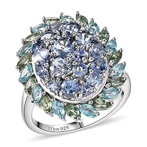 D'Joy Peacock Tanzanite and Multi Gemstone 4.80 ctw Galaxy Ring in Rhodium Over Sterling Silver (Size 9.0)