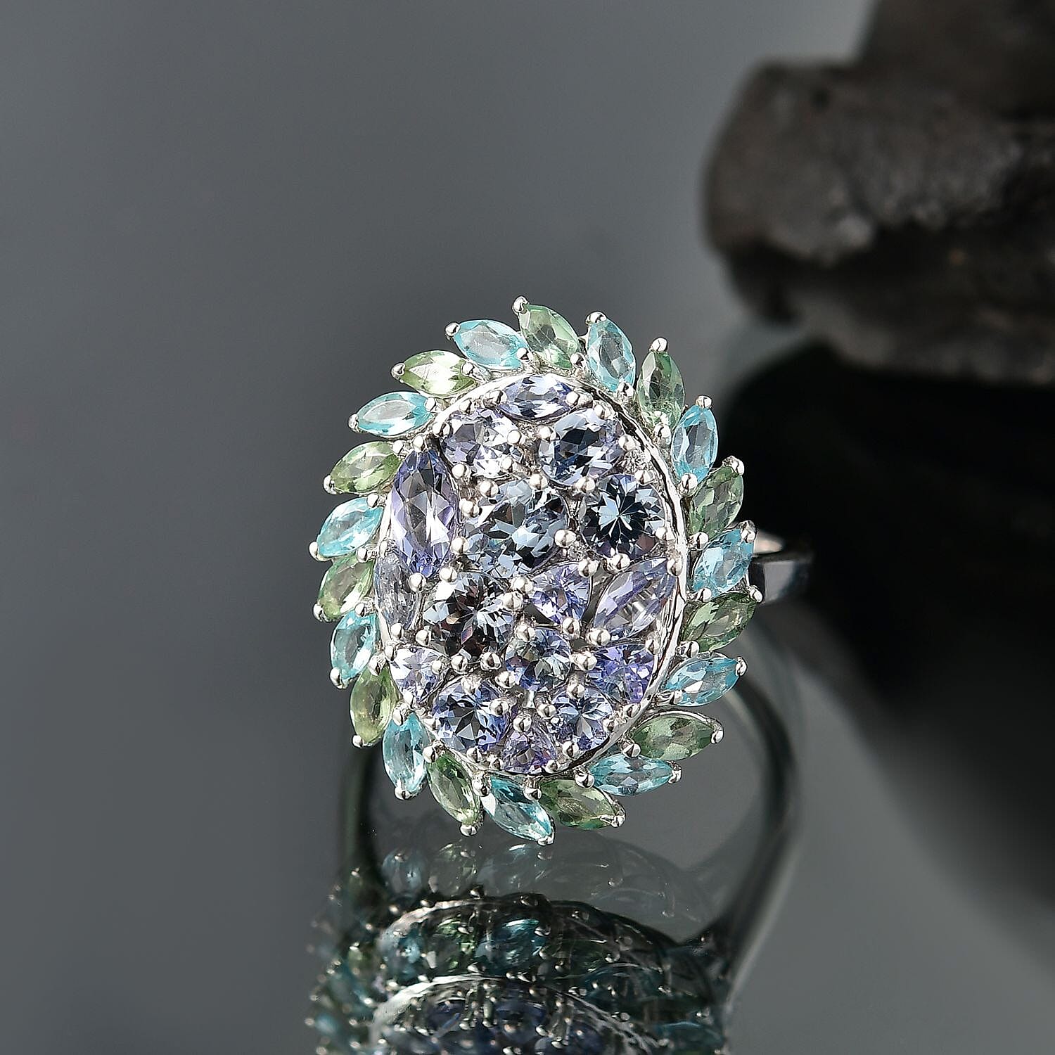 D’Joy Peacock Tanzanite, Multi Gemstone Ring in Rhodium Over Sterling Silver (Size 10.0) 4.80 ctw