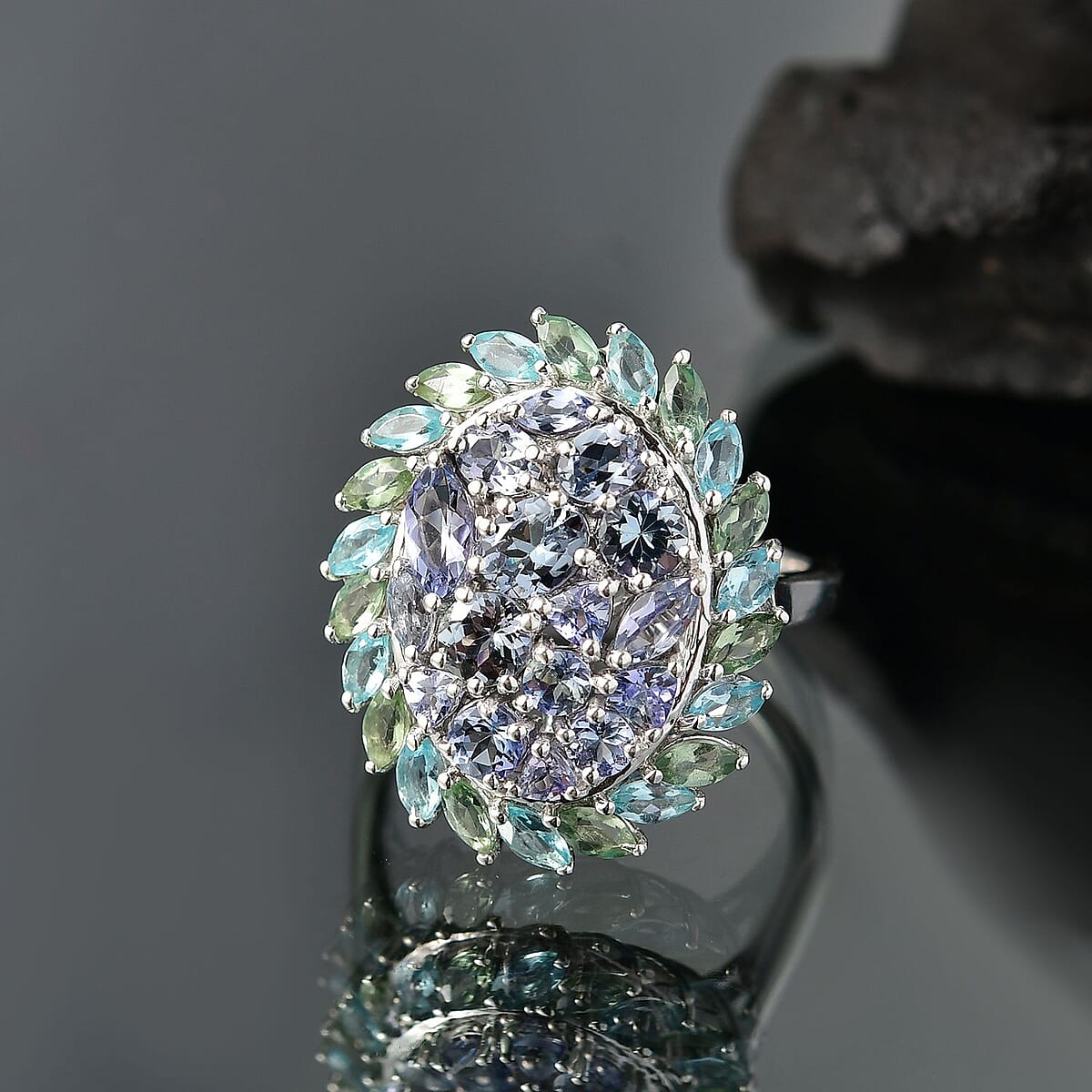 D'Joy Peacock Tanzanite and Multi Gemstone 4.80 ctw Galaxy Ring in Rhodium Over Sterling Silver (Size 9.0) image number 1