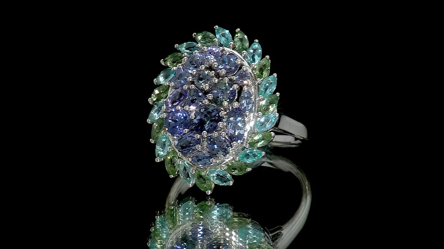 D’Joy Peacock Tanzanite, Multi Gemstone Ring in Rhodium Over Sterling Silver (Size 10.0) 4.80 ctw