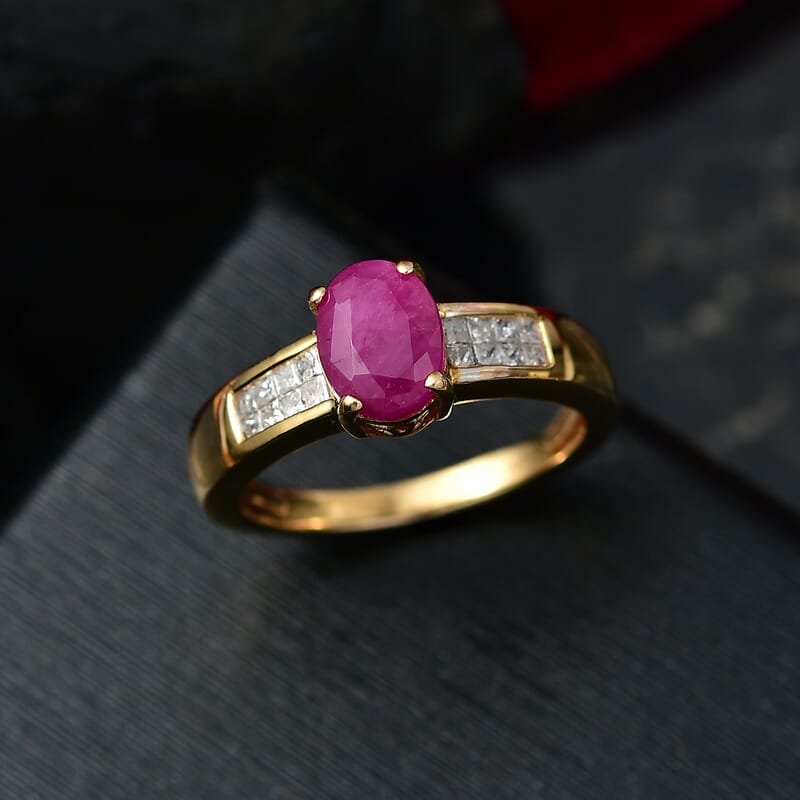 D'Joy Royal Ruby, Diamond Art Deco Ring in 18K Vermeil YG Over Sterling Silver 2.15 ctw (Size 10.0)