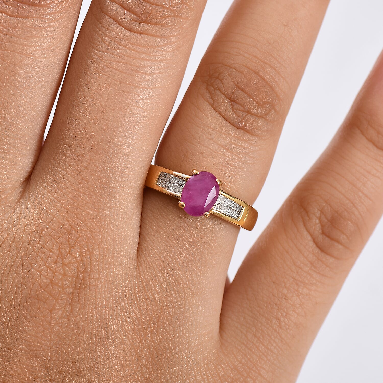 D'Joy Royal Ruby, Diamond Art Deco Ring in 18K Vermeil YG Over Sterling Silver 2.15 ctw (Size 10.0)