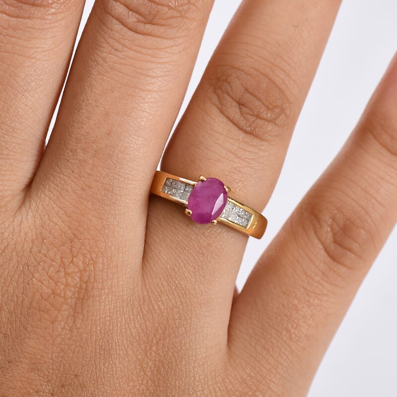 D'Joy Royal Ruby, Diamond Art Deco Ring in 18K Vermeil YG Over Sterling Silver 2.15 ctw (Size 10.0)