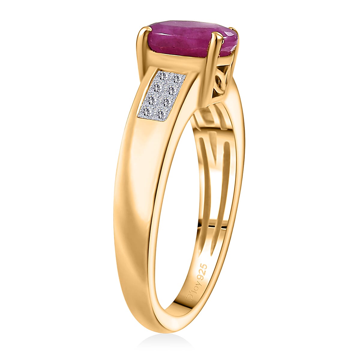 D'Joy Royal Ruby, Diamond Art Deco Ring in 18K Vermeil YG Over Sterling Silver 2.15 ctw (Size 10.0)