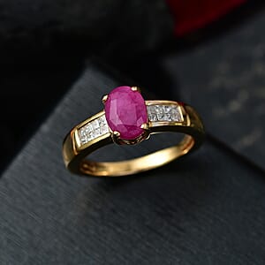 D'Joy Royal Ruby, Diamond Art Deco Ring in 18K Vermeil YG Over Sterling Silver 2.15 ctw (Size 8.0)