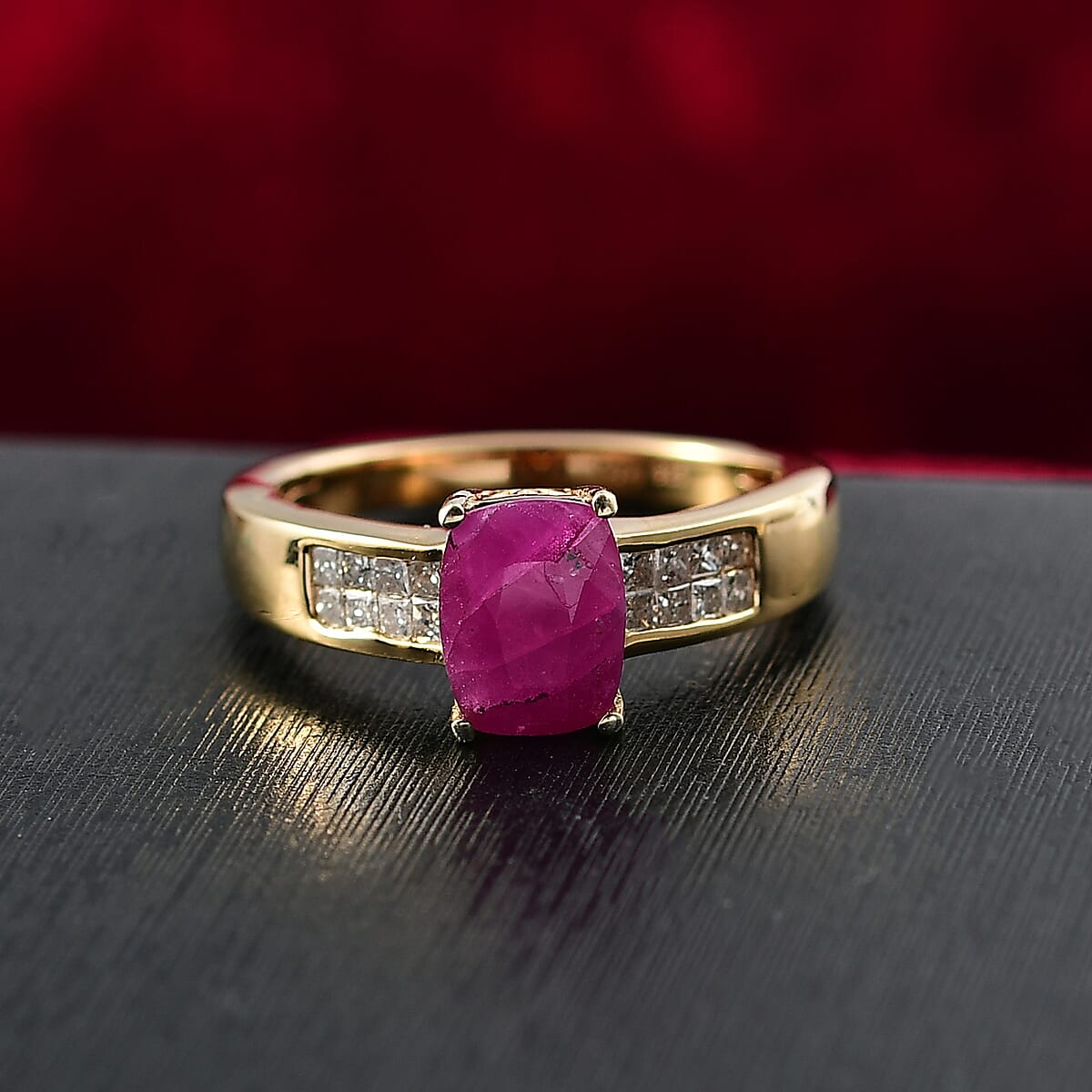 D'Joy Premium Royal Ruby and Diamond 2.75 ctw Art Deco Ring in 18K Vermeil Yellow Gold Over Sterling Silver (Size 8.0) image number 1