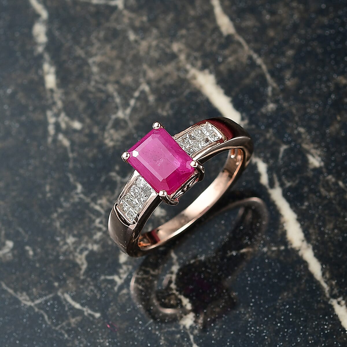D'Joy Premium Royal Ruby and Diamond 2.50 ctw Art Deco Ring in 18K Vermeil Rose Gold Over Sterling Silver (Size 6.0) image number 1