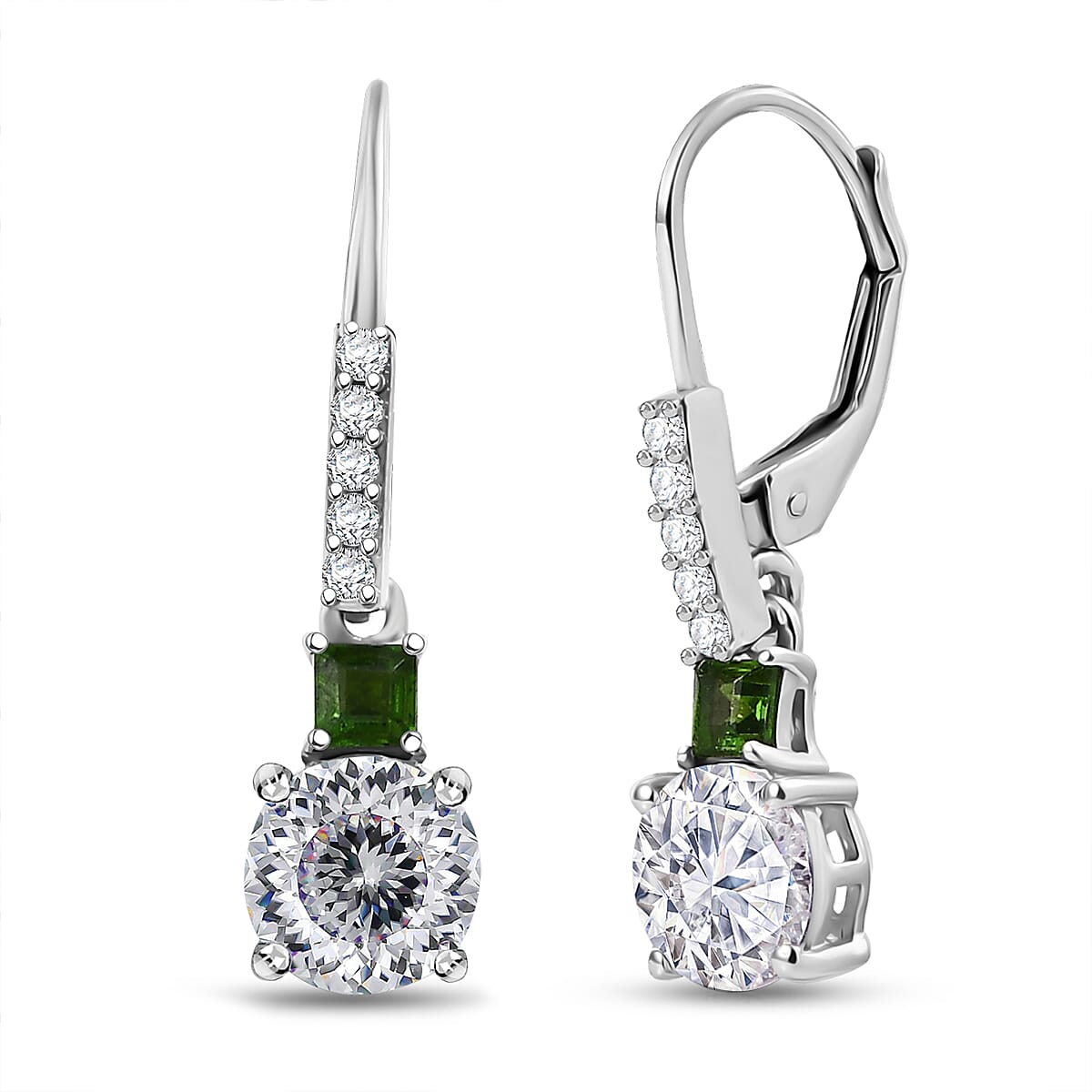 D'Joy 120 Facet Moissanite and Chrome Diopside 3.10 ctw Lever Back Earrings in Rhodium Over Sterling Silver