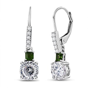 D’Joy 120 Facet Moissanite and Chrome Diopside 3.10 ctw Lever Back Earrings in Rhodium Over Sterling Silver